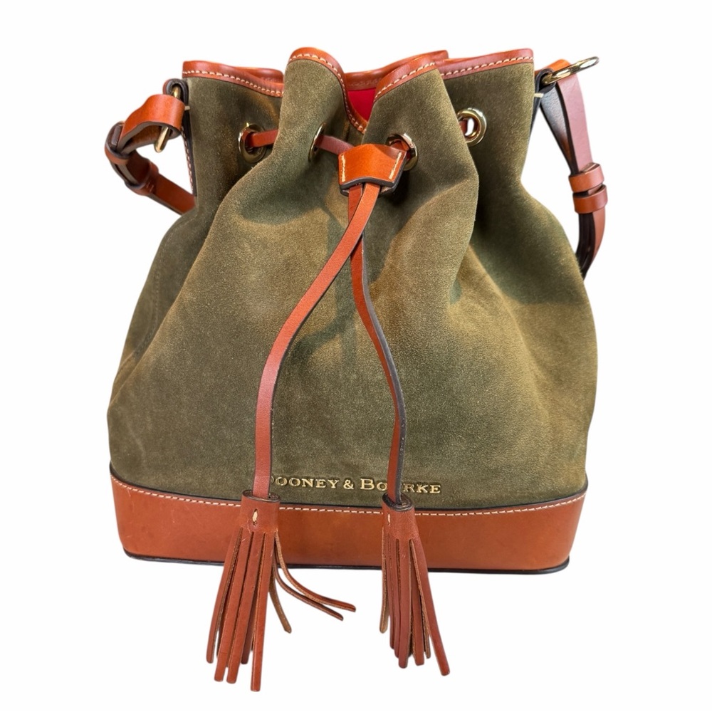 Dooney & Bourke Green Suede Leather Drawstring‎ Bucket Shoulder Bag Red Interior
